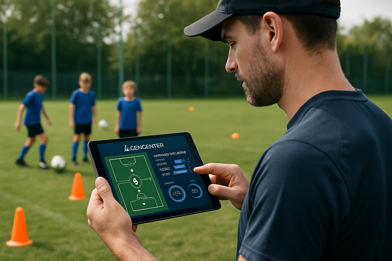 Grassroots football coach reviewing AI-powered performance analysis on a tablet during training