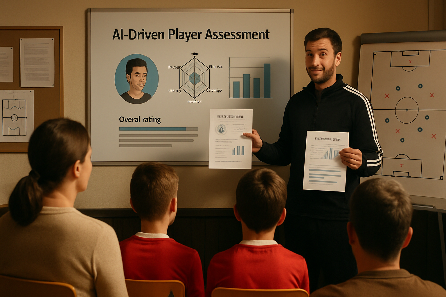 Coach explaining AI assessment report to a group of parents and young players in a football academy office