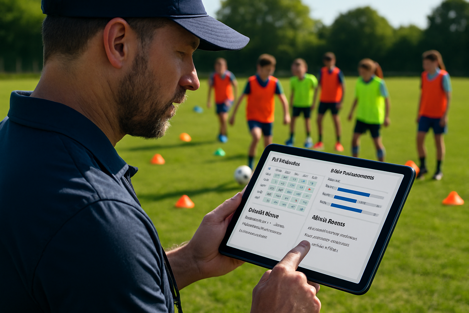 Coach using AI-driven software on a tablet to combine player attendance, assessment, and feedback in a grassroots sports session