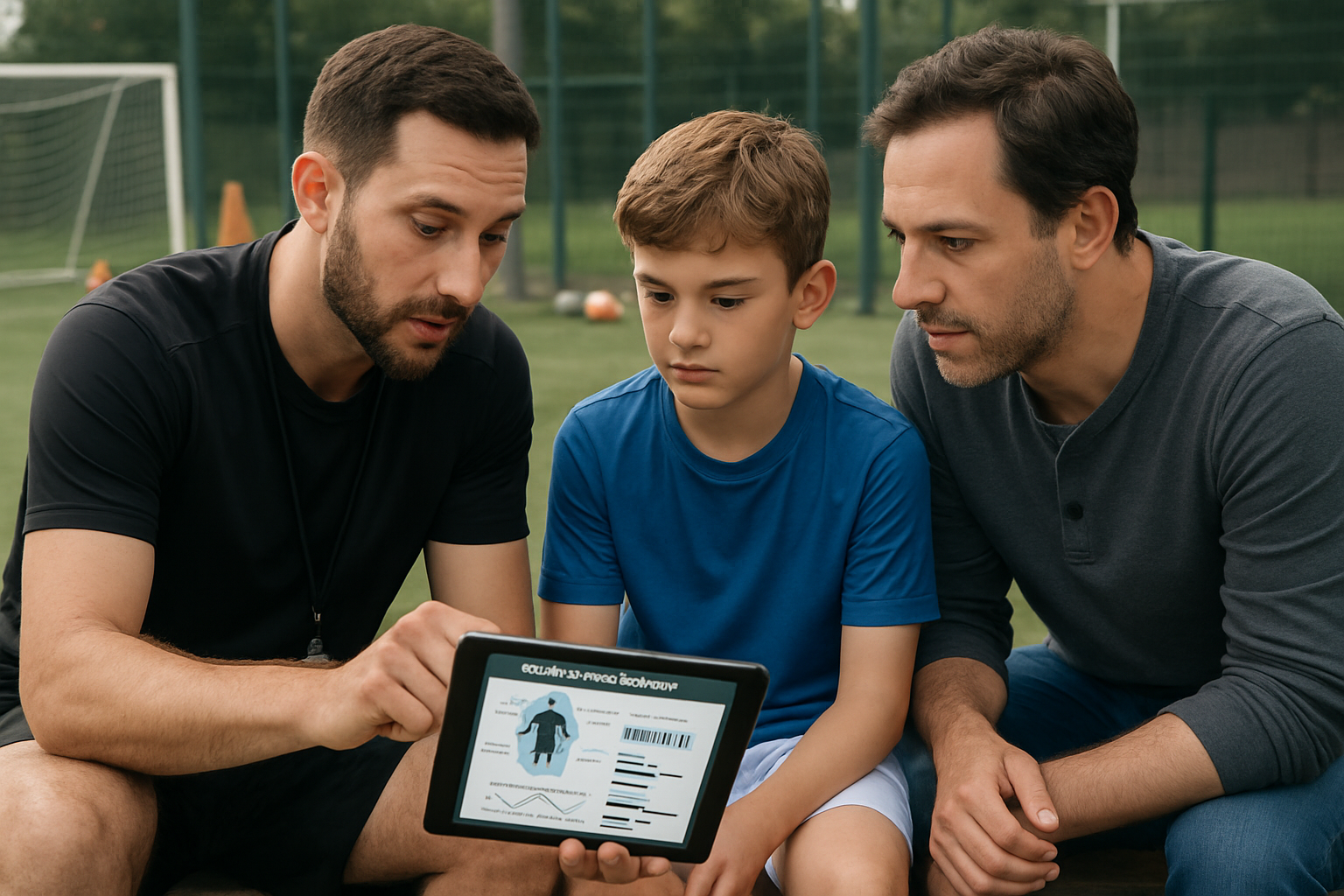 Parent and child reviewing AI sports assessment report with a coach in grassroots sports academy