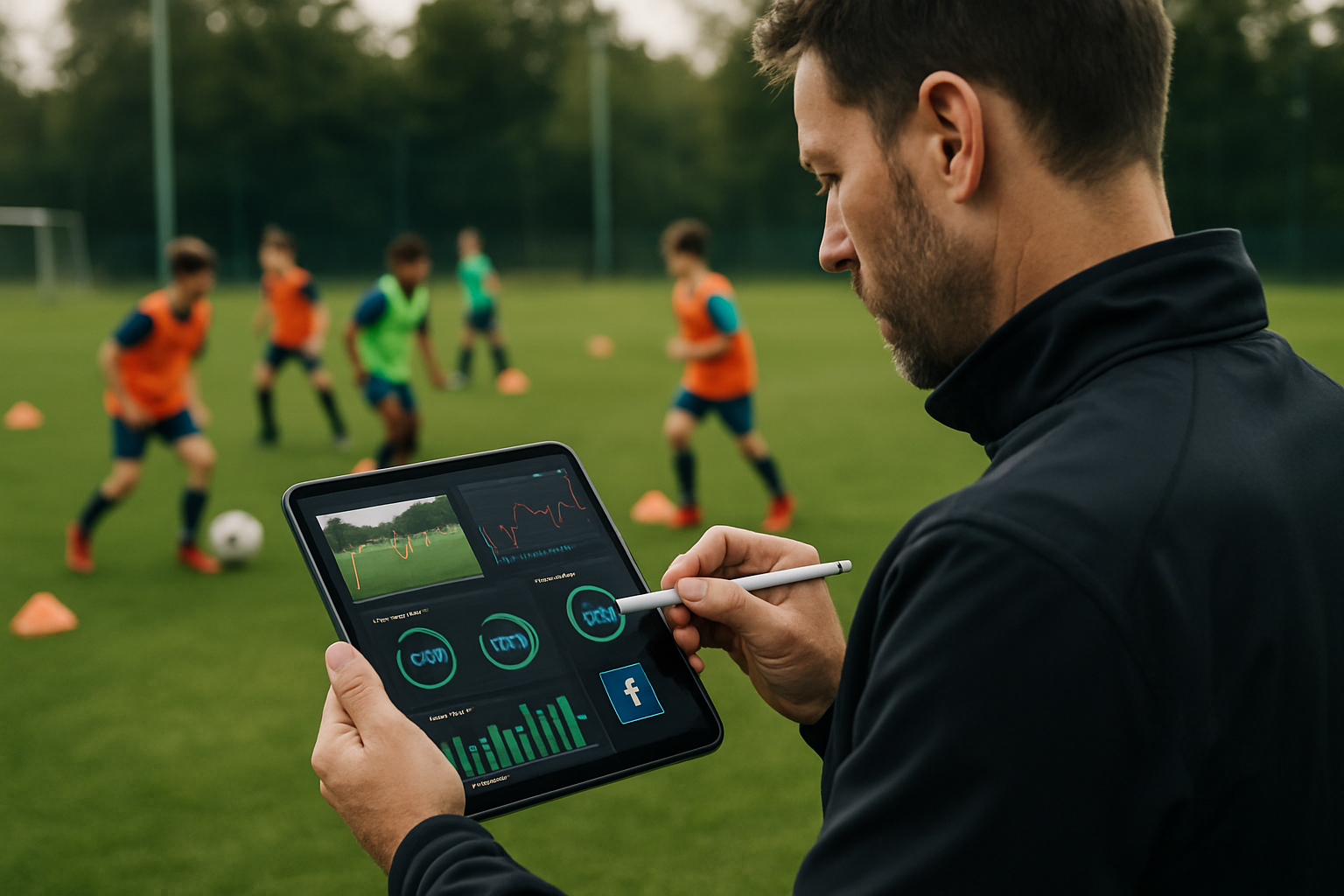 Coach using AI-powered sports assessment software during a youth football training session