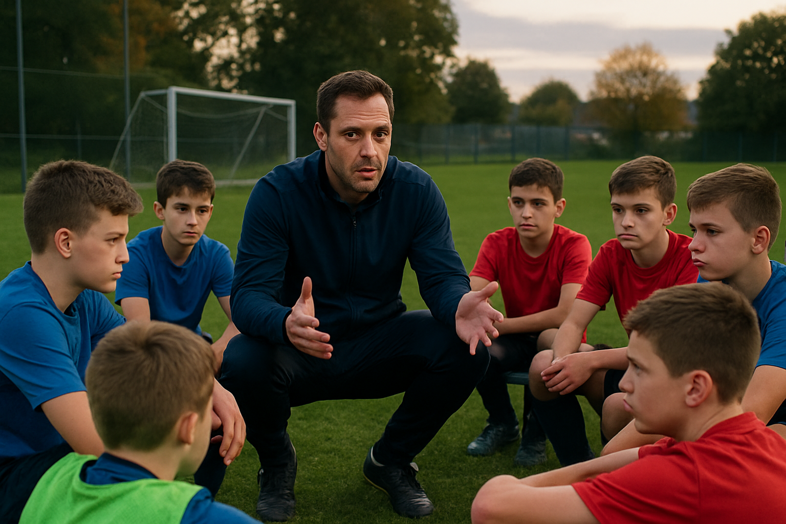 Youth football coach guiding players during a pre-match talk