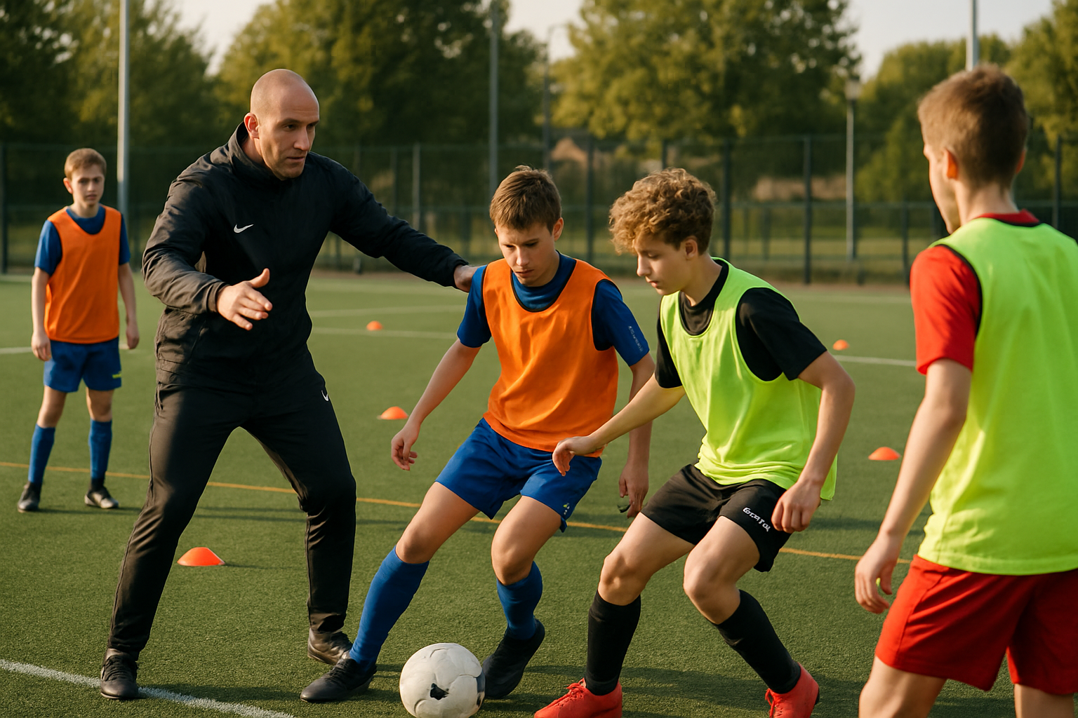 Coach leading pressure handling drills with young footballers