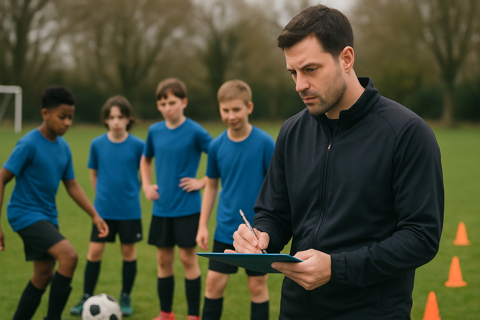 Youth football coach observing young players during training session to assess mental toughness