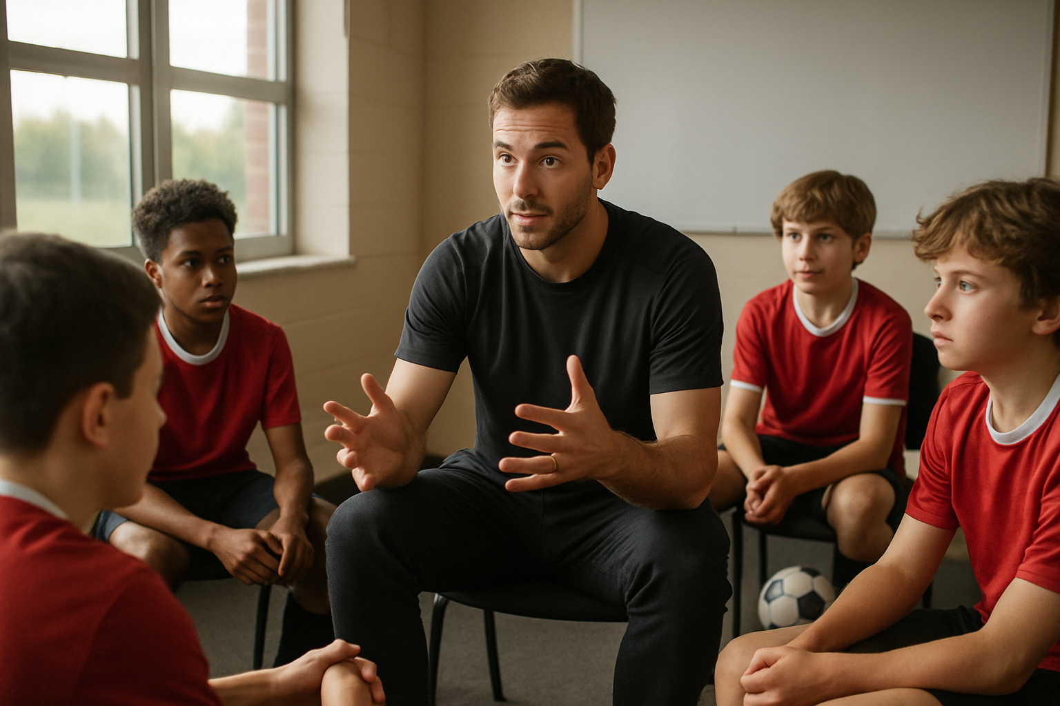 Football coach discussing mental strength and emotional intelligence with youth players in a team meeting
