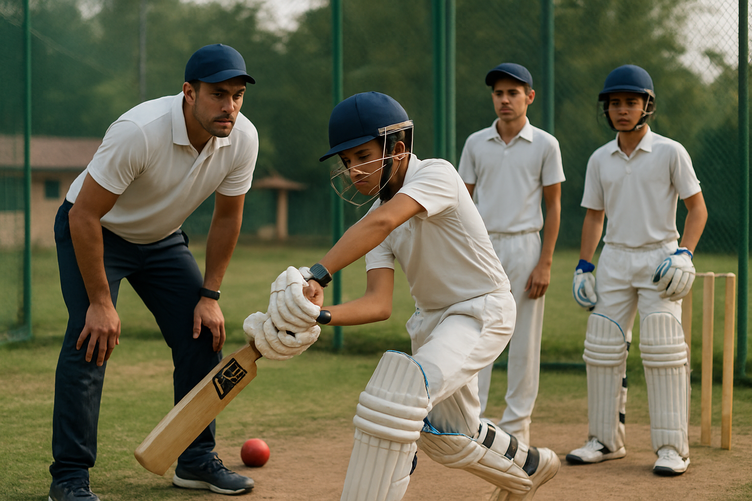 Youth cricket players being observed by a coach during a training session