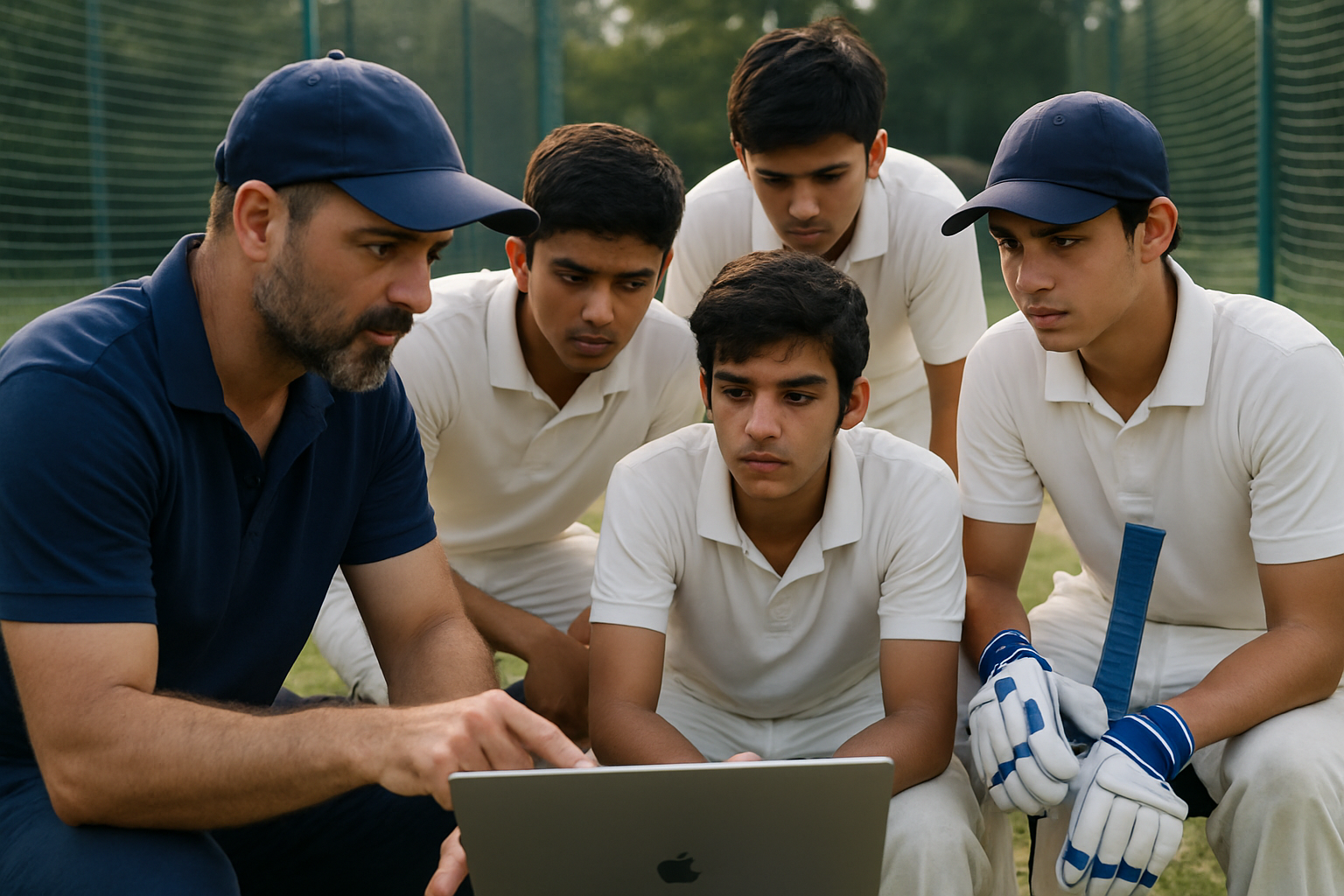 Coach and players reviewing video footage during cricket training for performance feedback