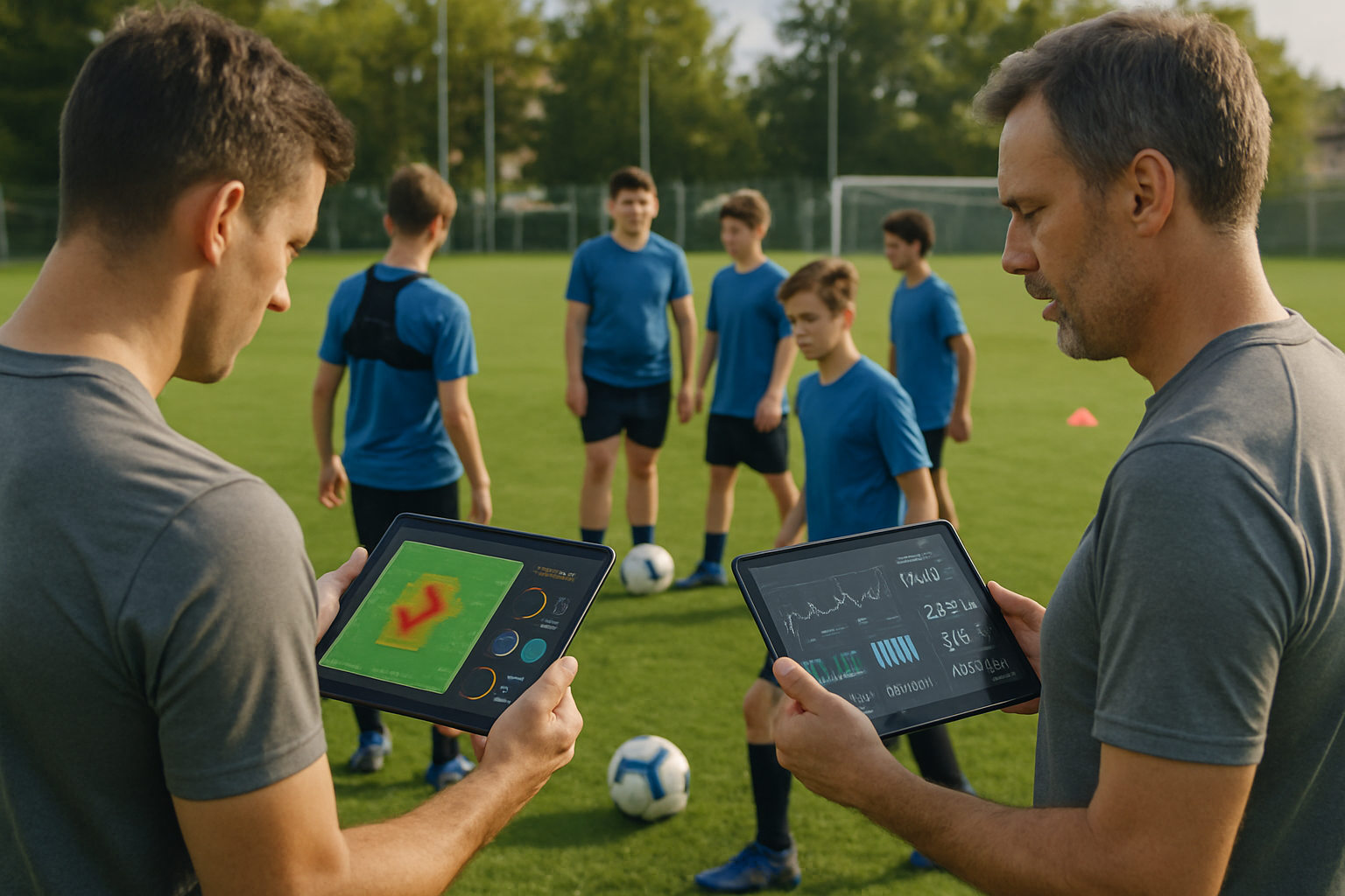 Youth football coaches and players using tablets and GPS trackers in training