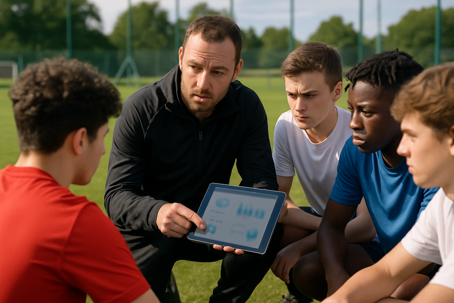 Coach explaining performance data to young players during training