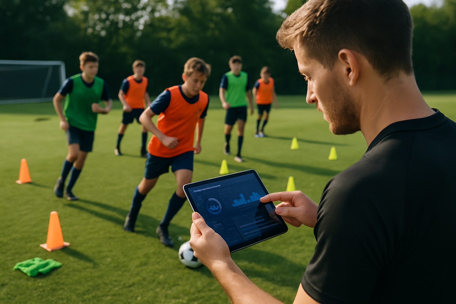 youth coach using tablet to analyze player performance during football academy training