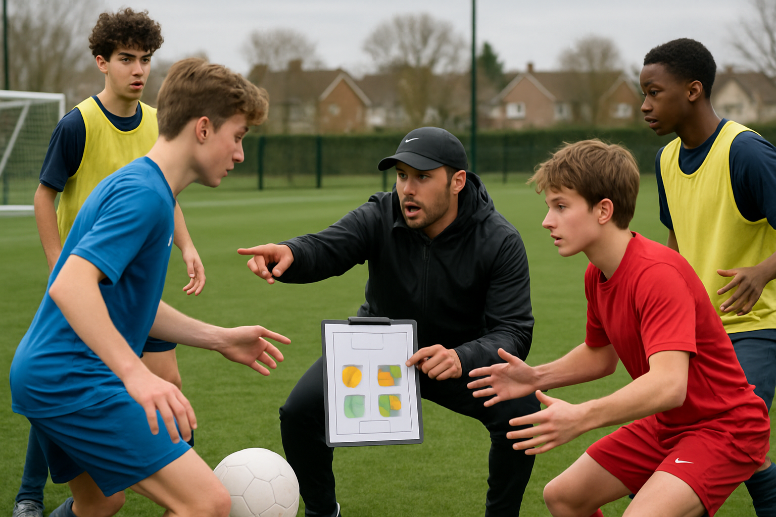 coach guiding young football players through data-informed training drills