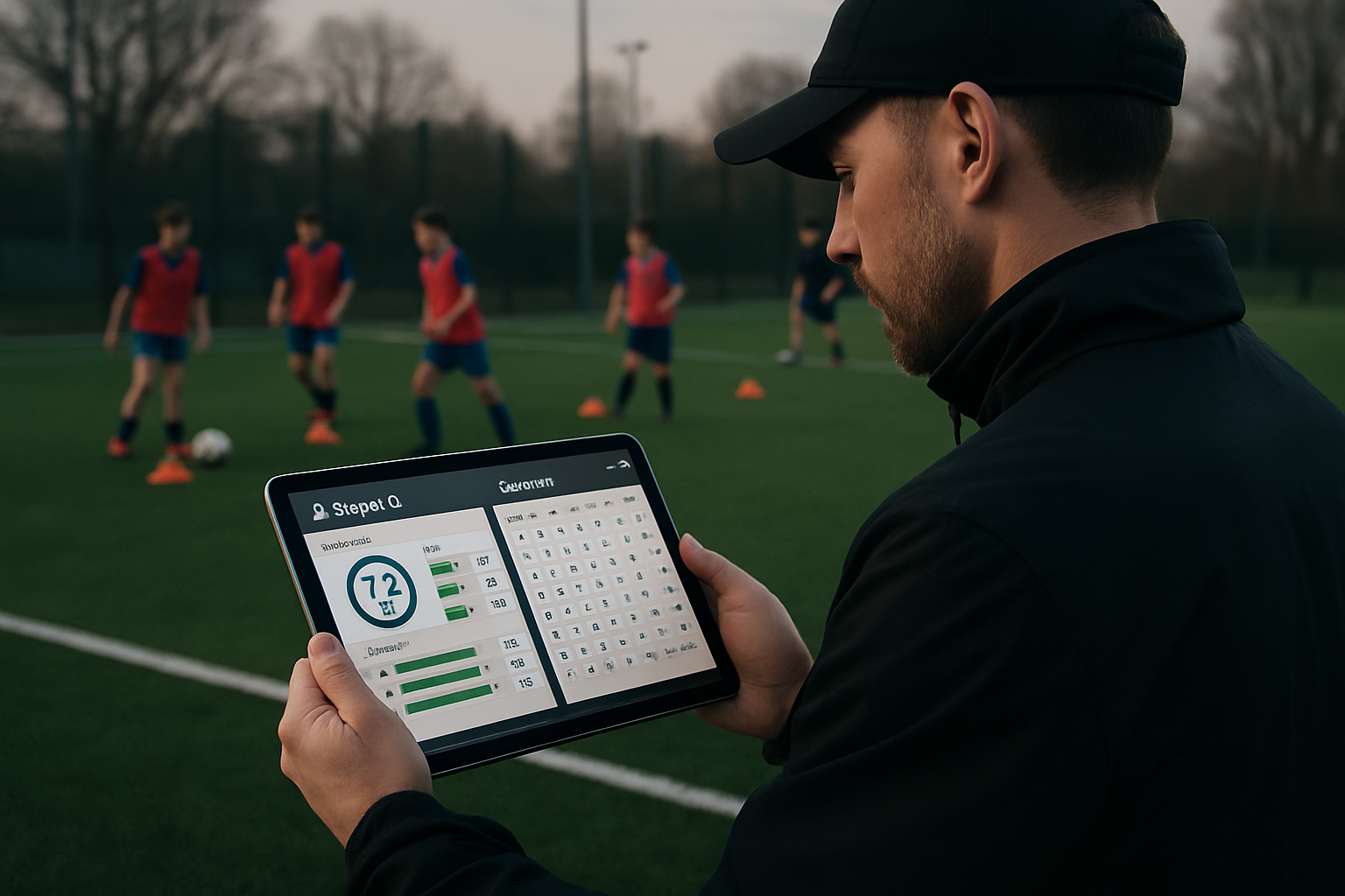 Football coach reviewing digital player performance data on tablet during grassroots training session