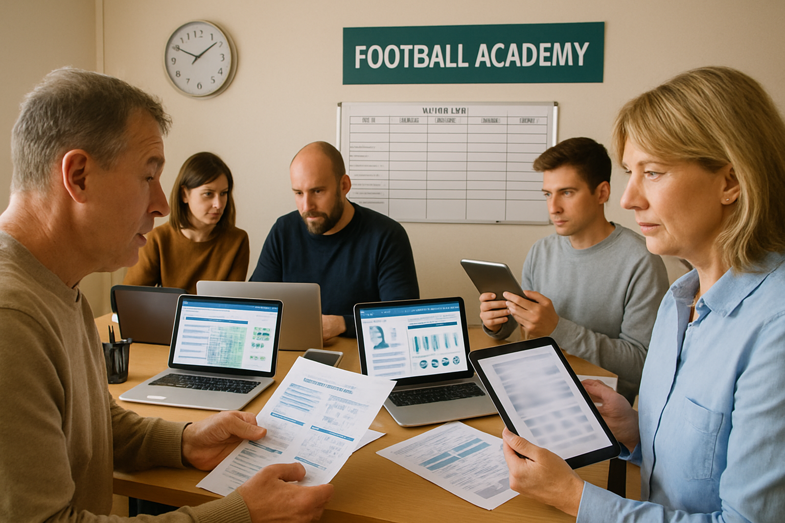 Football academy staff digitally updating player progress reports and sharing with parents