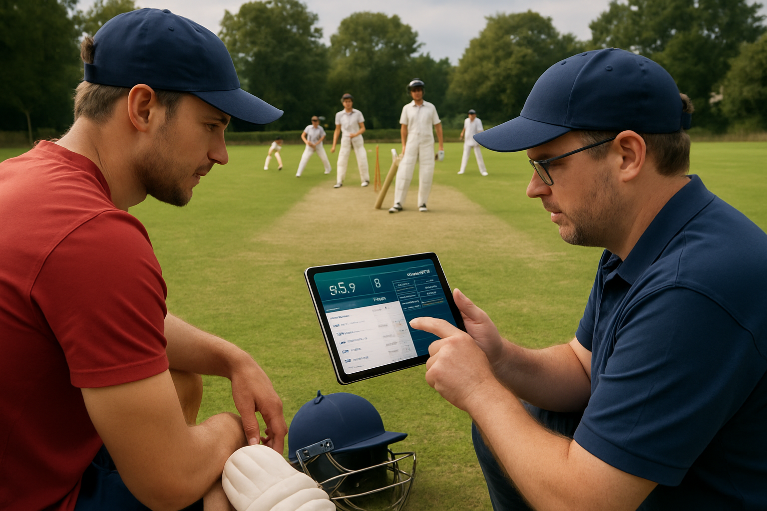 Coach and scorer using a tablet for digital scorekeeping at a grassroots cricket match