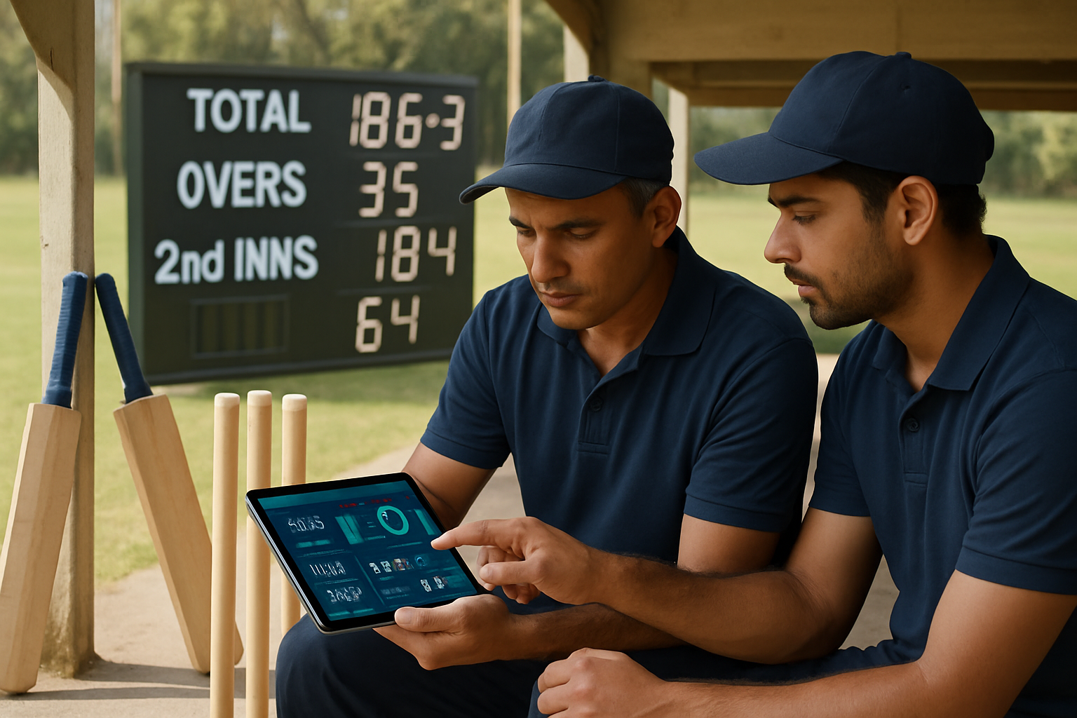 Digital scoreboard and coaches reviewing cricket match analytics on tablet after grassroots game