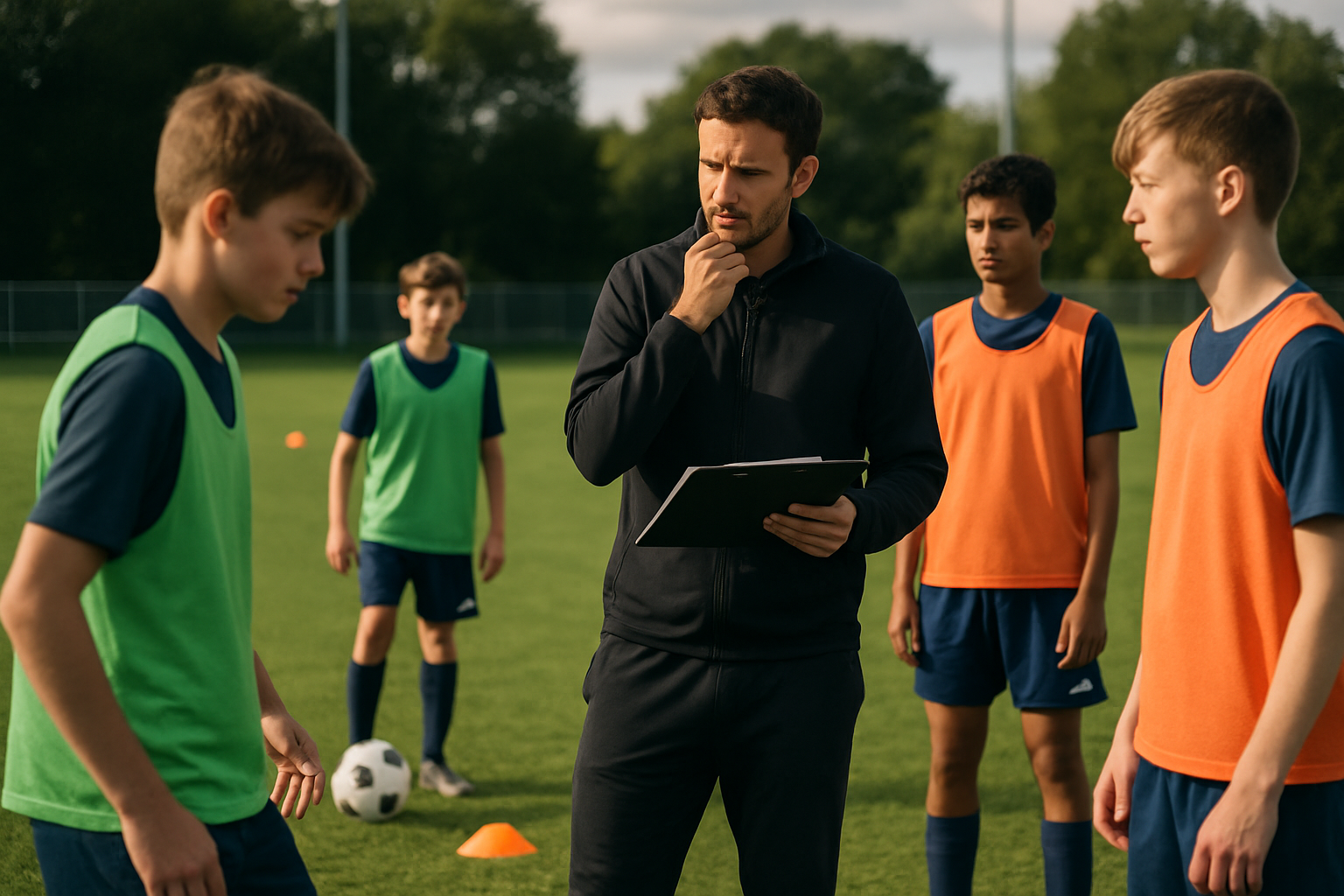 Football coach reviewing player performance notes during a youth training session