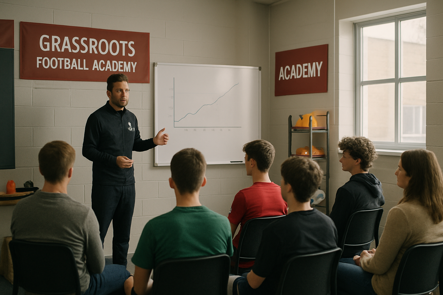 Coach explaining player development progress using visuals in a youth football academy meeting