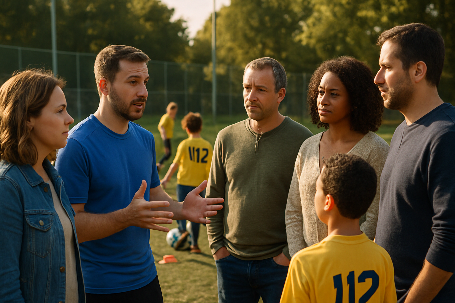 coach communicating with parents during a local football academy meeting