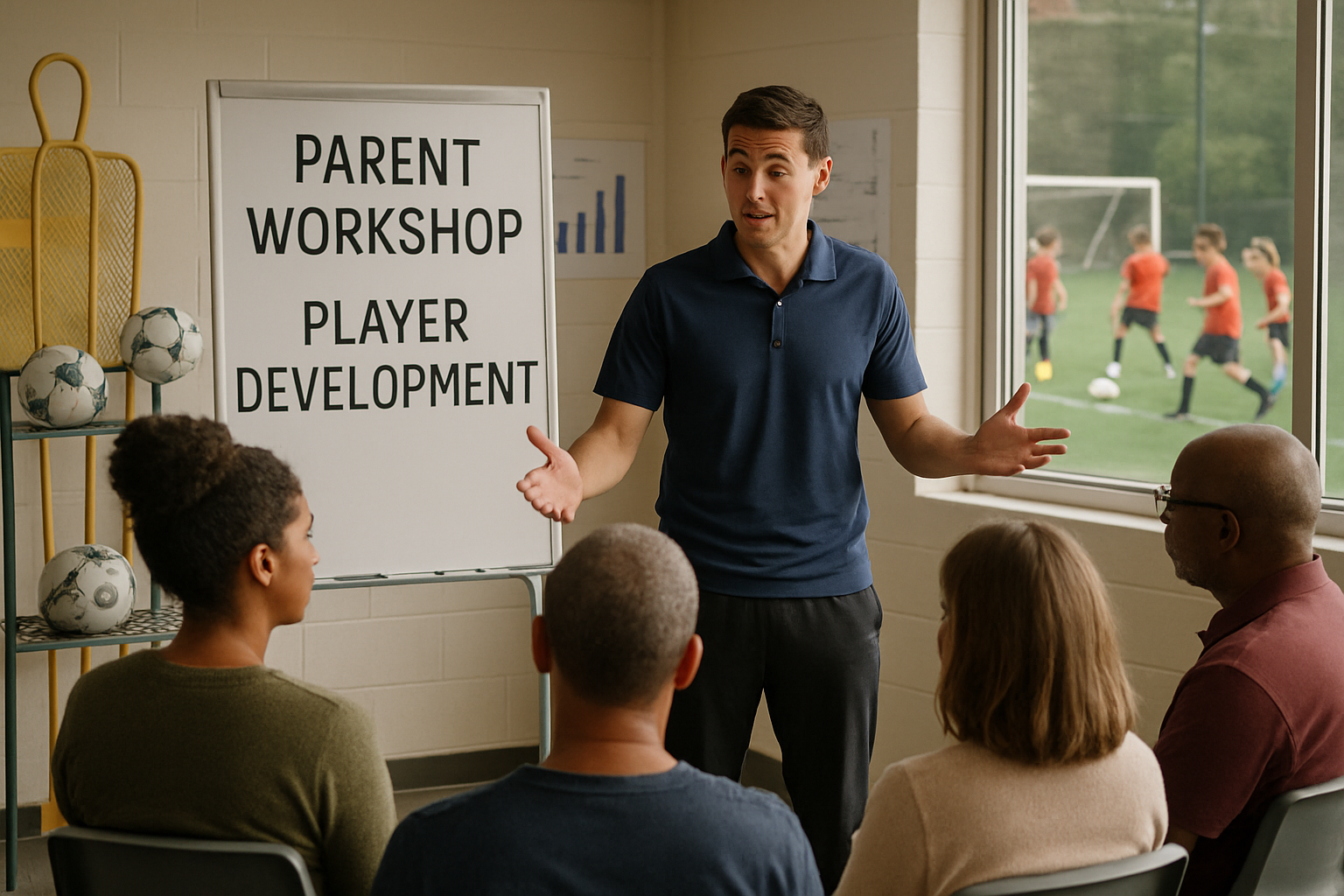youth football coach conducting a structured parent workshop session
