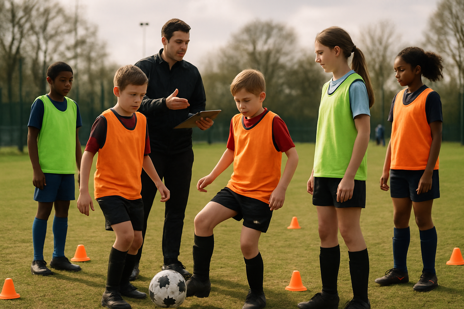 Youth football players engaged in a structured academy training session outdoors