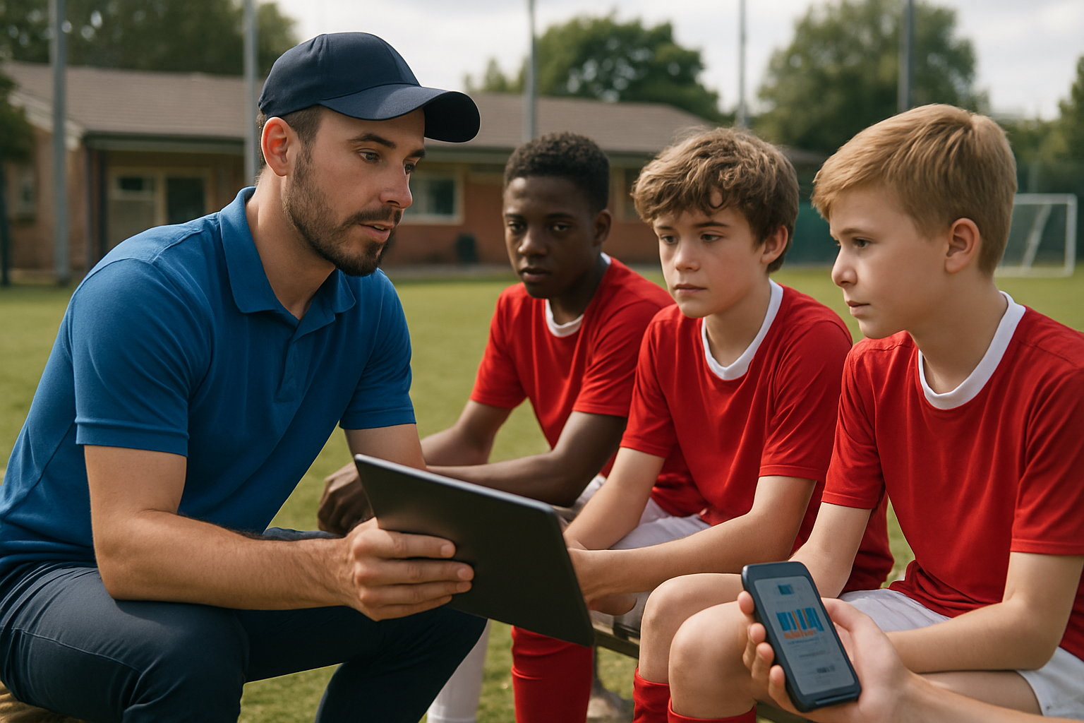 Coach and young football players reviewing progress and training feedback on tablets outdoors