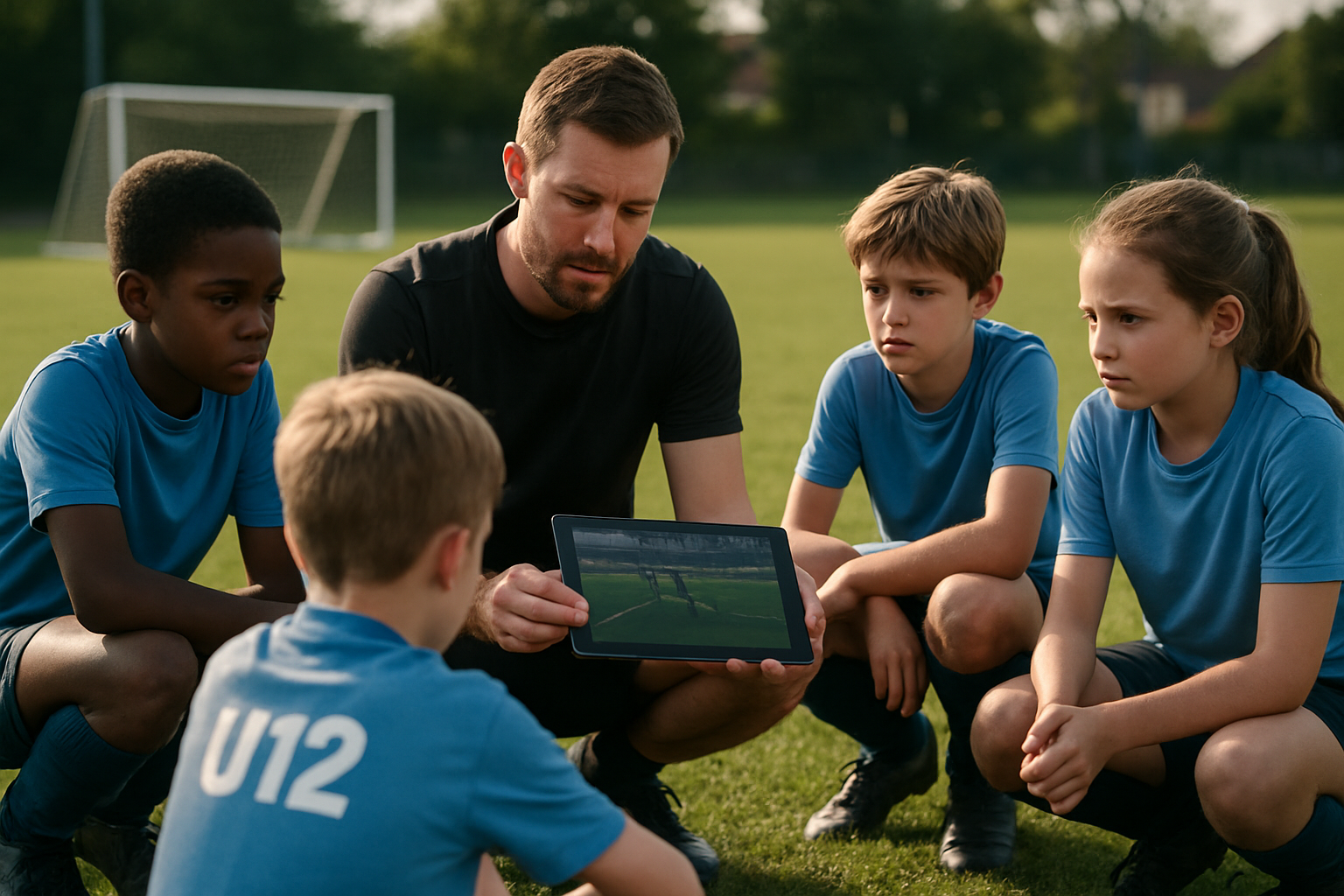Youth football coach showing video analysis clips to young players in a grassroots training setting