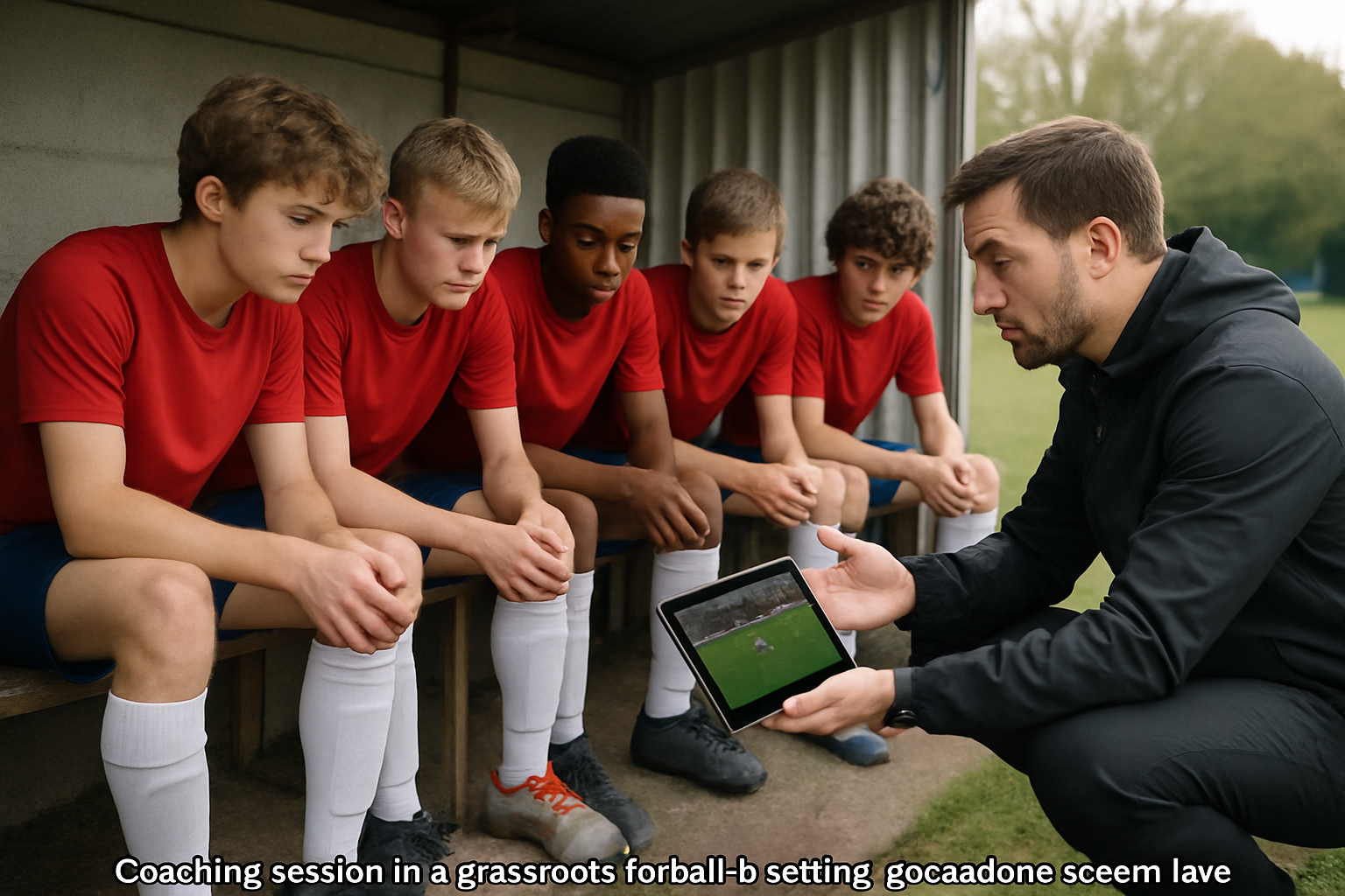 Coach explaining video feedback to youth players during a match analysis session in a community football club