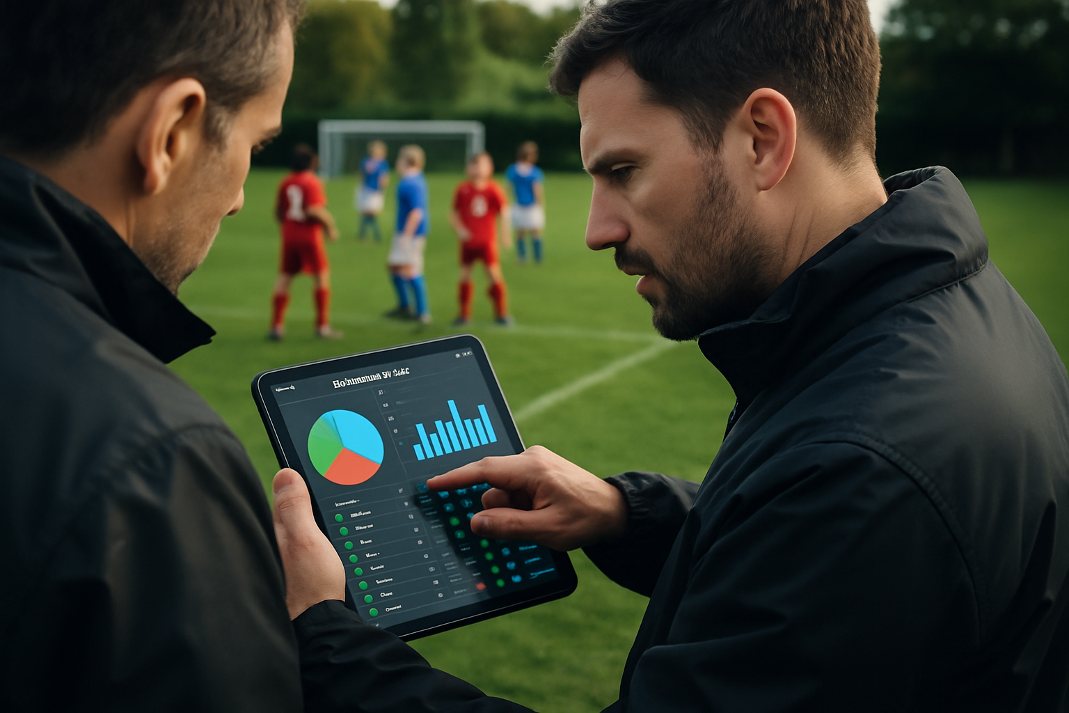 Coach and assistant reviewing live football match stats on a tablet during a grassroots tournament