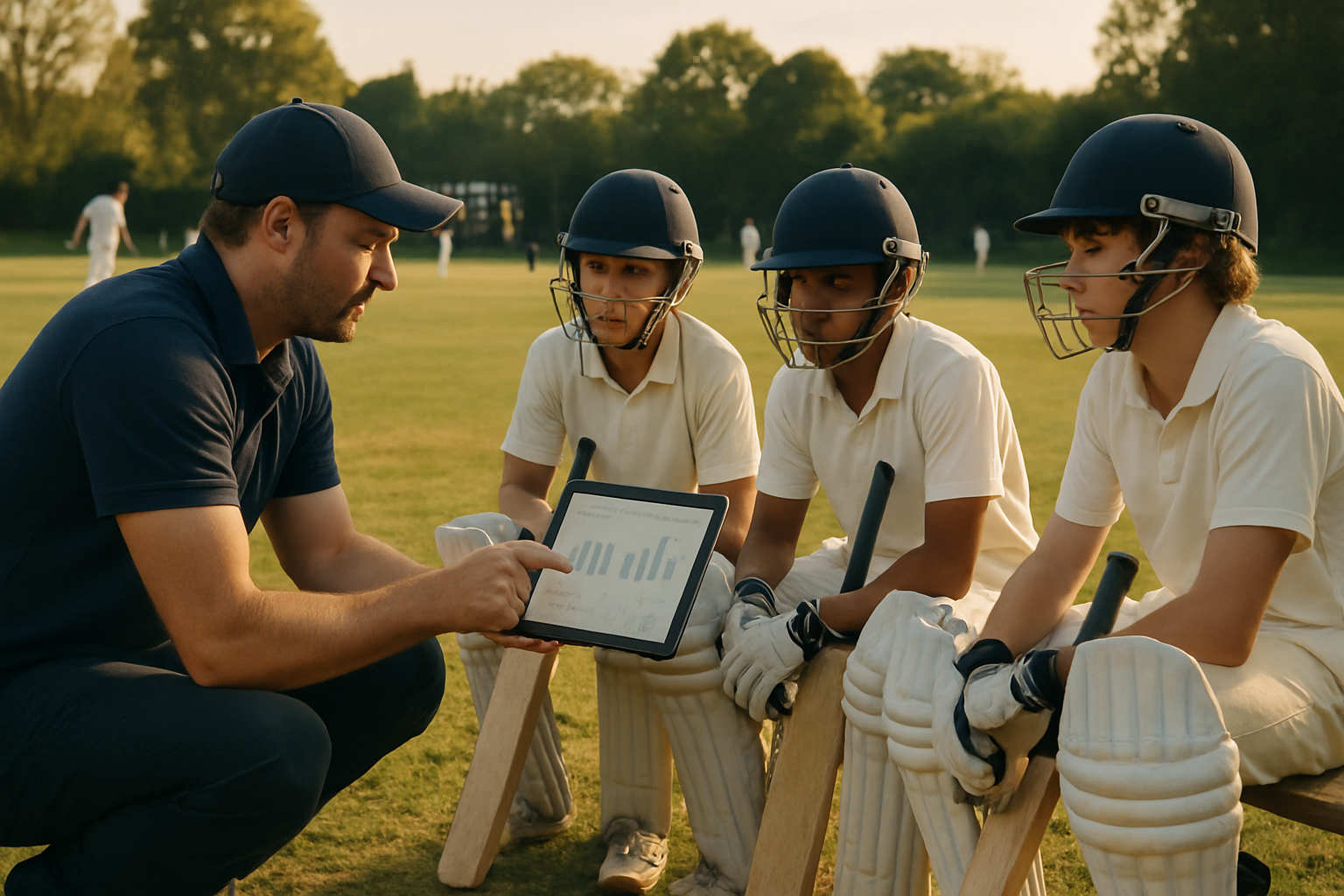 Cricket coach discussing live match statistics with young players during a grassroots cricket tournament
