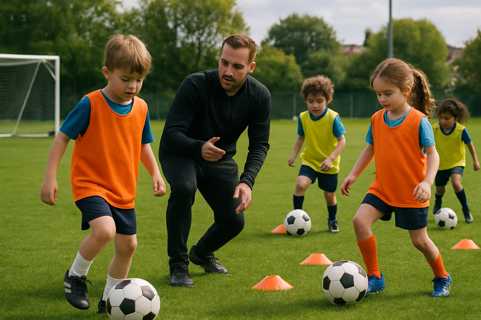 Youth football players training in an age-appropriate session outdoors