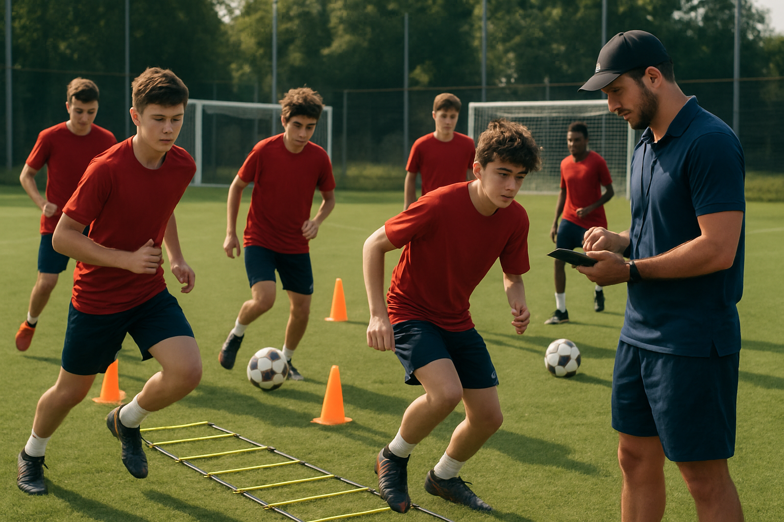 Teenage football players participating in a structured training session focusing on conditioning and technical skills