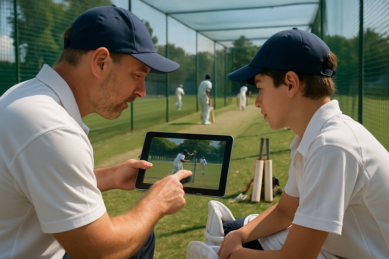 Coach analyzing a young cricketer’s match footage during a grassroots cricket academy session