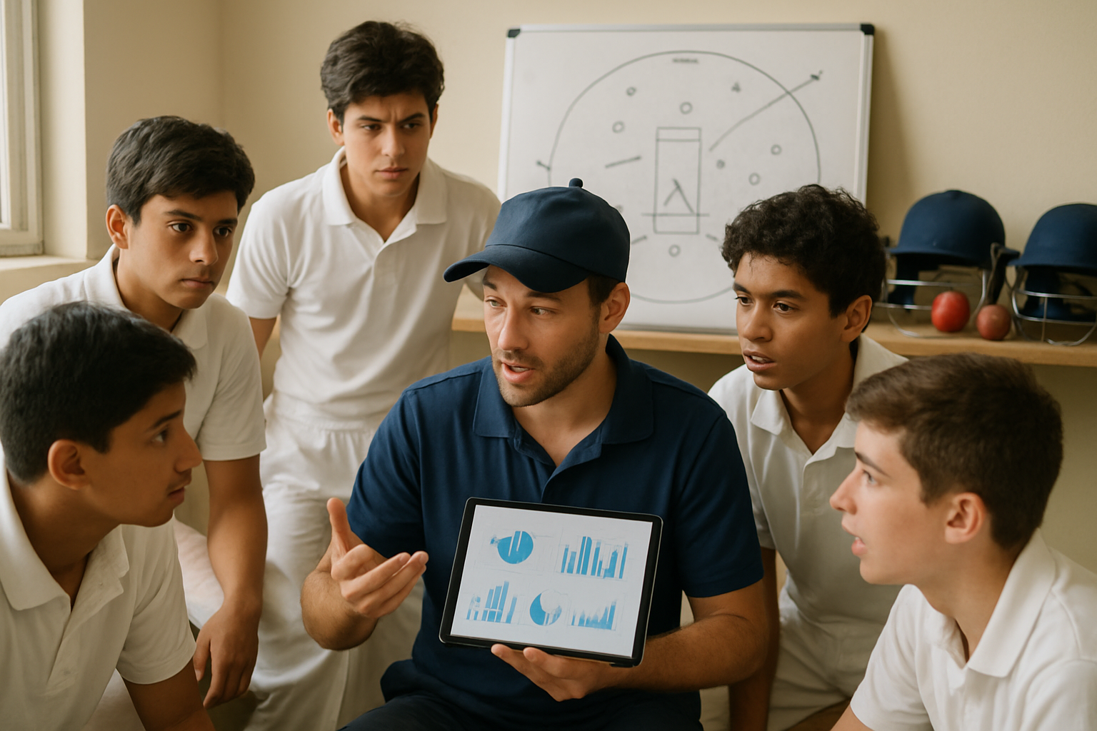 Coach discussing detailed match performance data with young cricketers during a team briefing at a cricket academy