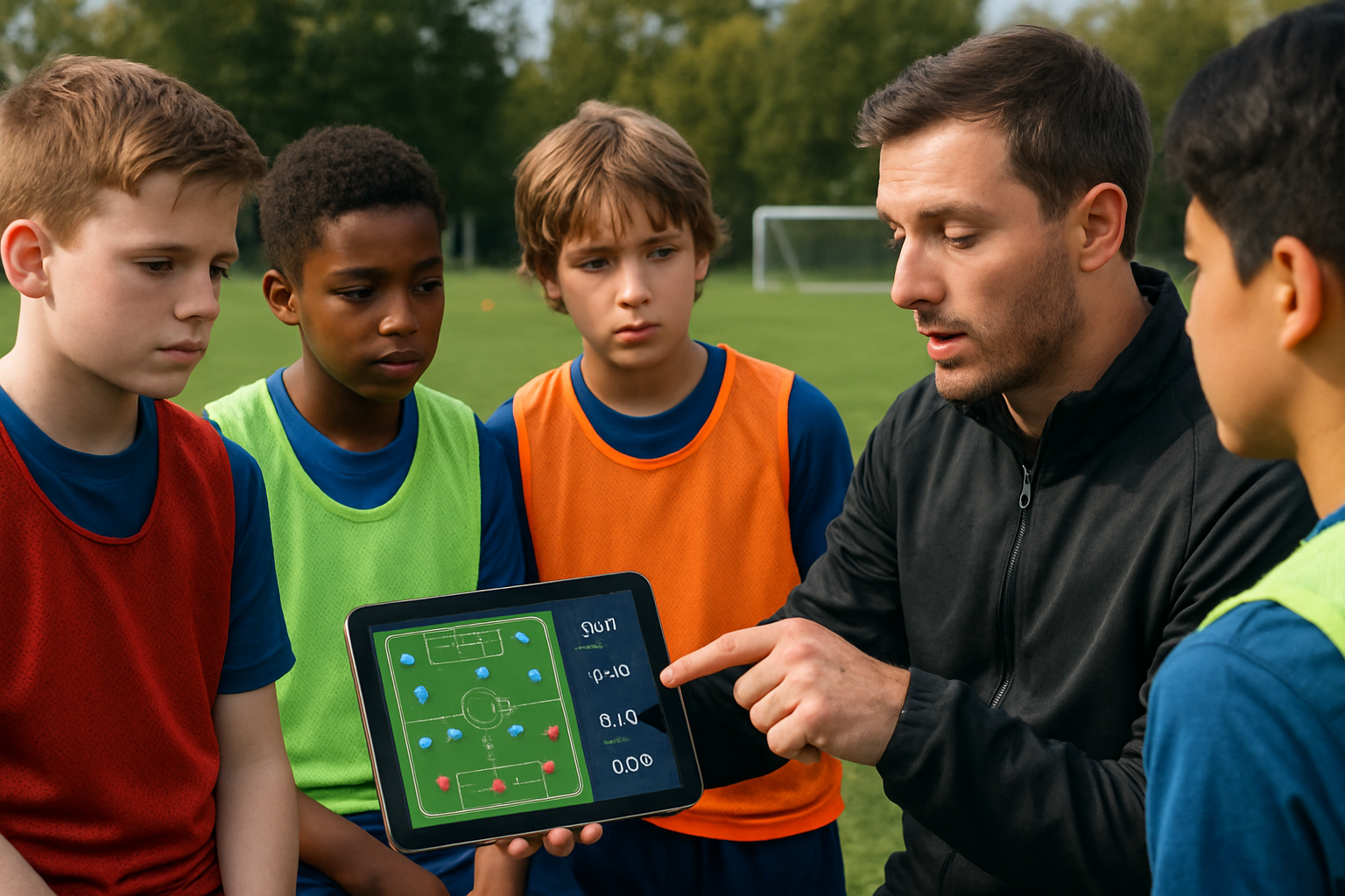 Youth football coach analyzing match performance on tablet with young players on the field