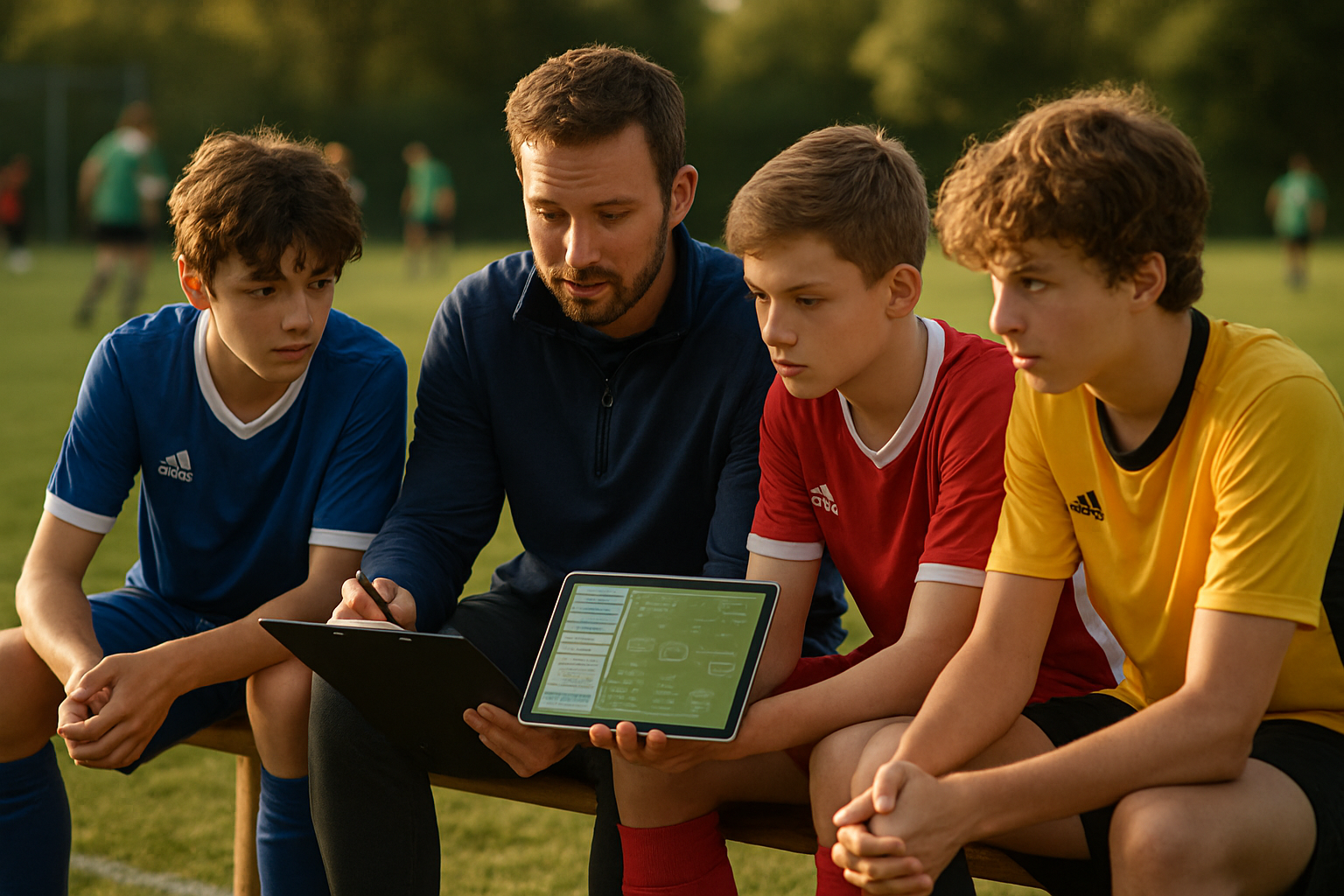 Coach reviewing match analytics and player progress notes with youth football players on a sidelines bench