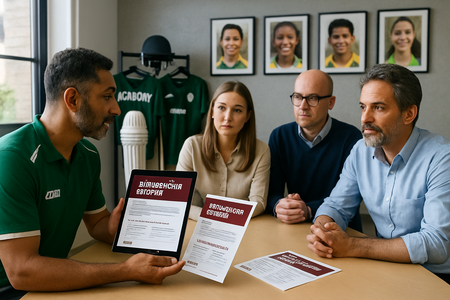 Youth sports academy coach presenting a sponsorship profile to potential sponsors