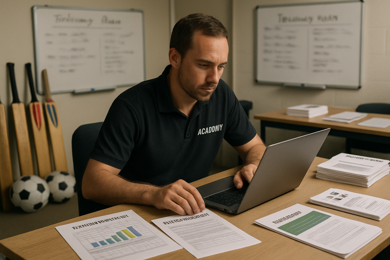 Coach analyzing player performance data and attendance records in a grassroots cricket and football academy office