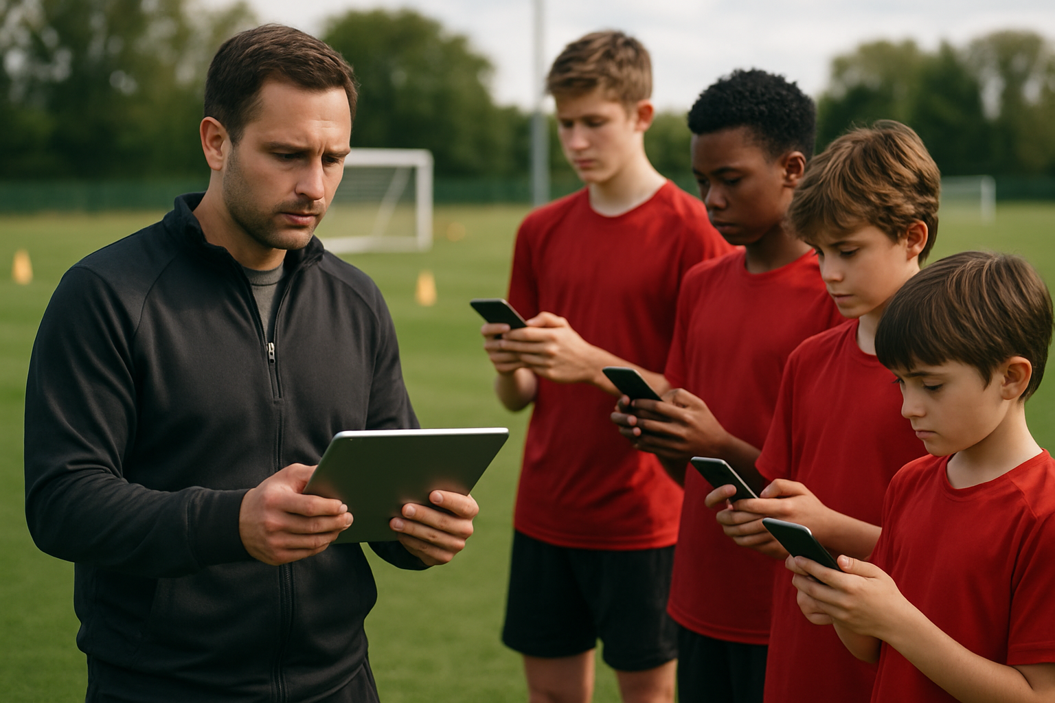 Youth football coach reviewing a digital tablet while players check in via mobile app at training ground