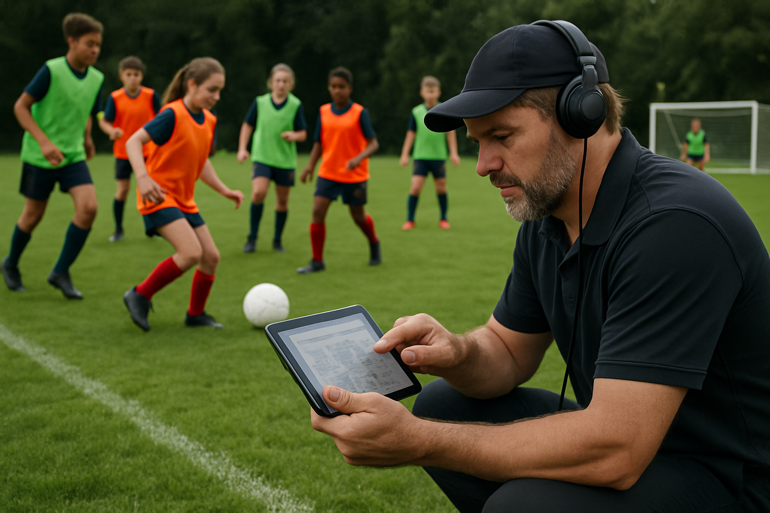Coach entering player assessment data on a tablet during football training session