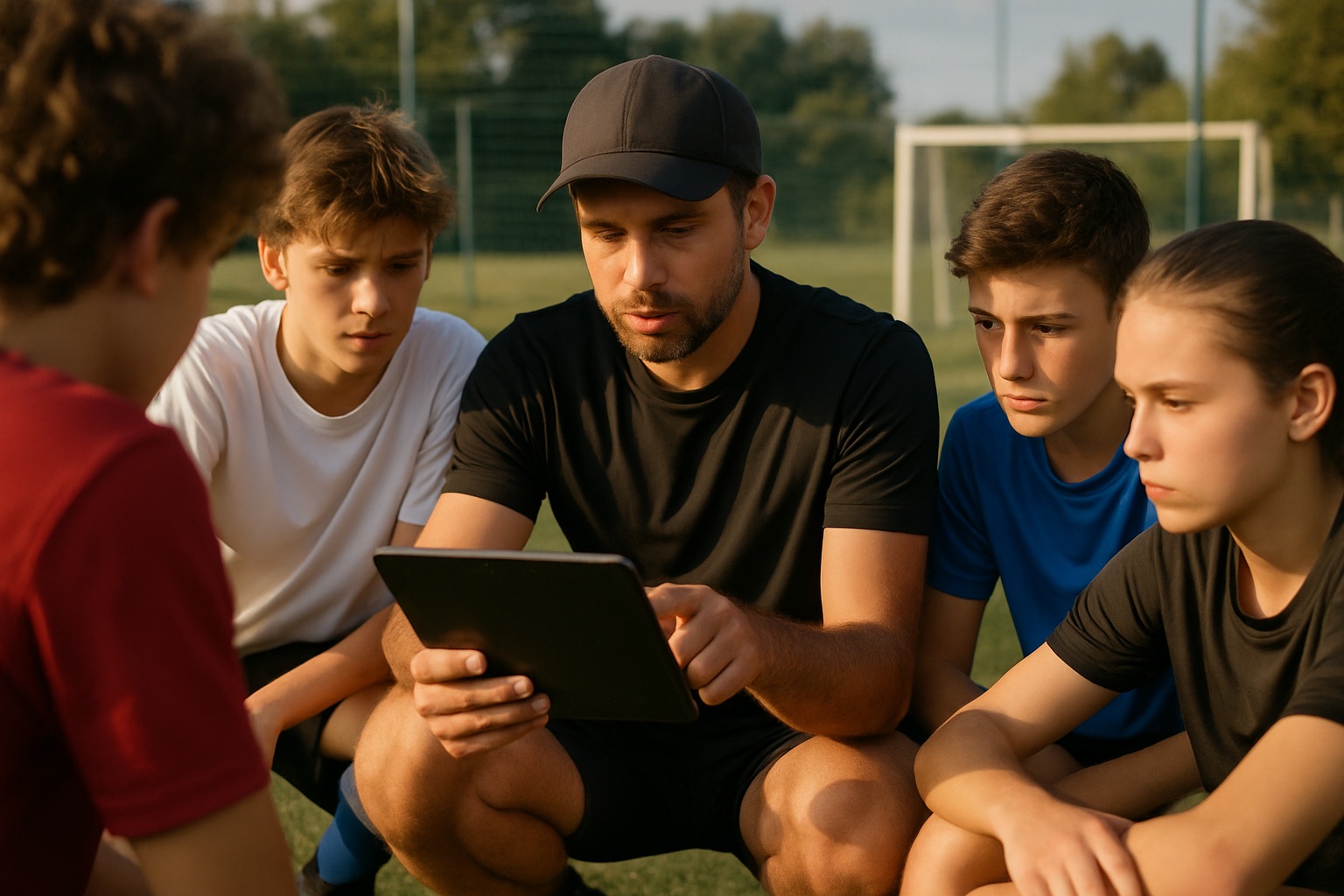 Youth sports academy coach using a tablet to review player data with young athletes on a training field