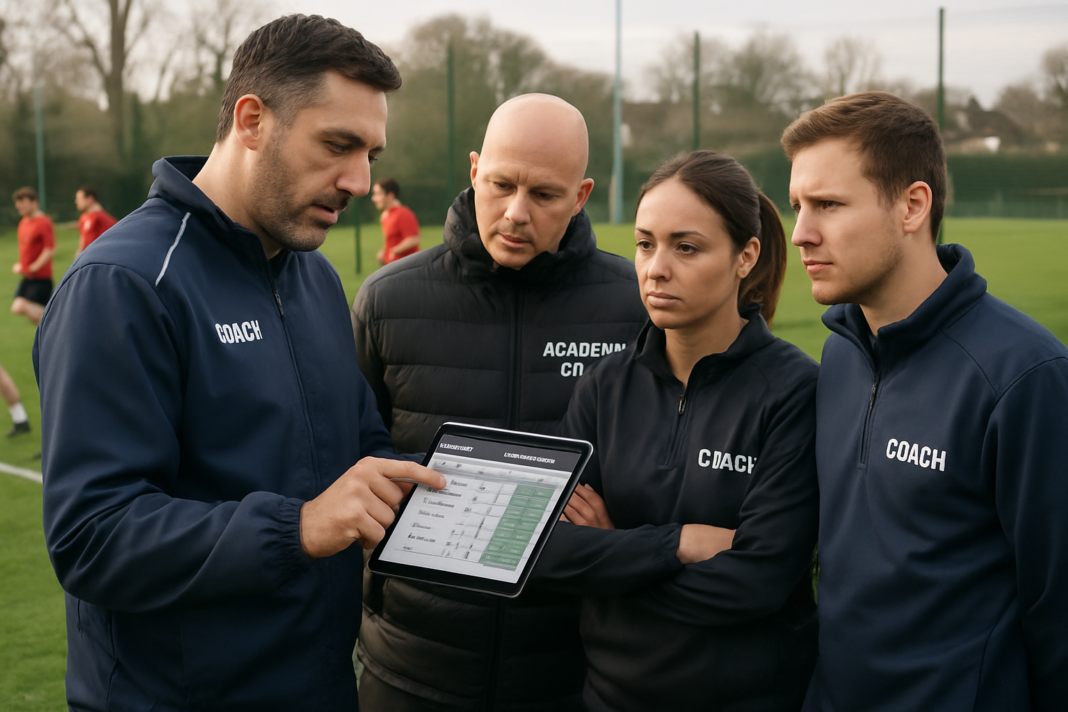 Youth football coaches and staff using a digital tablet to organize training and player schedules at an academy ground