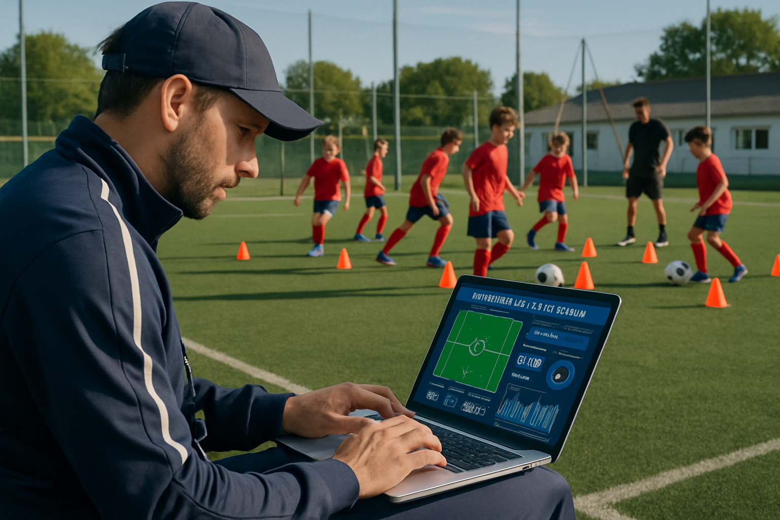 Coach analyzing player performance data on a laptop with players practicing drills in the background on an academy pitch