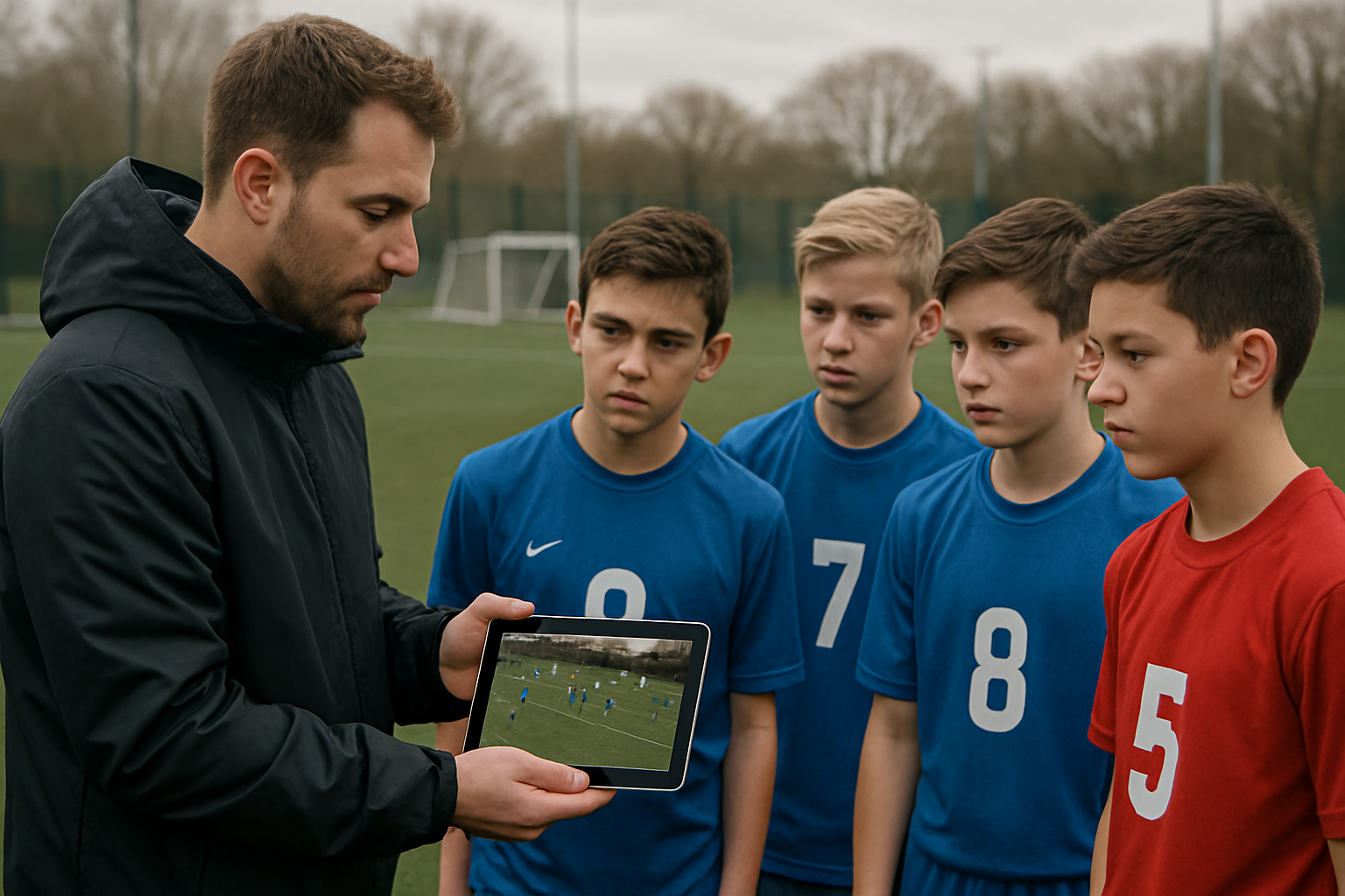 Youth football coach using a tablet to review player performance with young players on the pitch