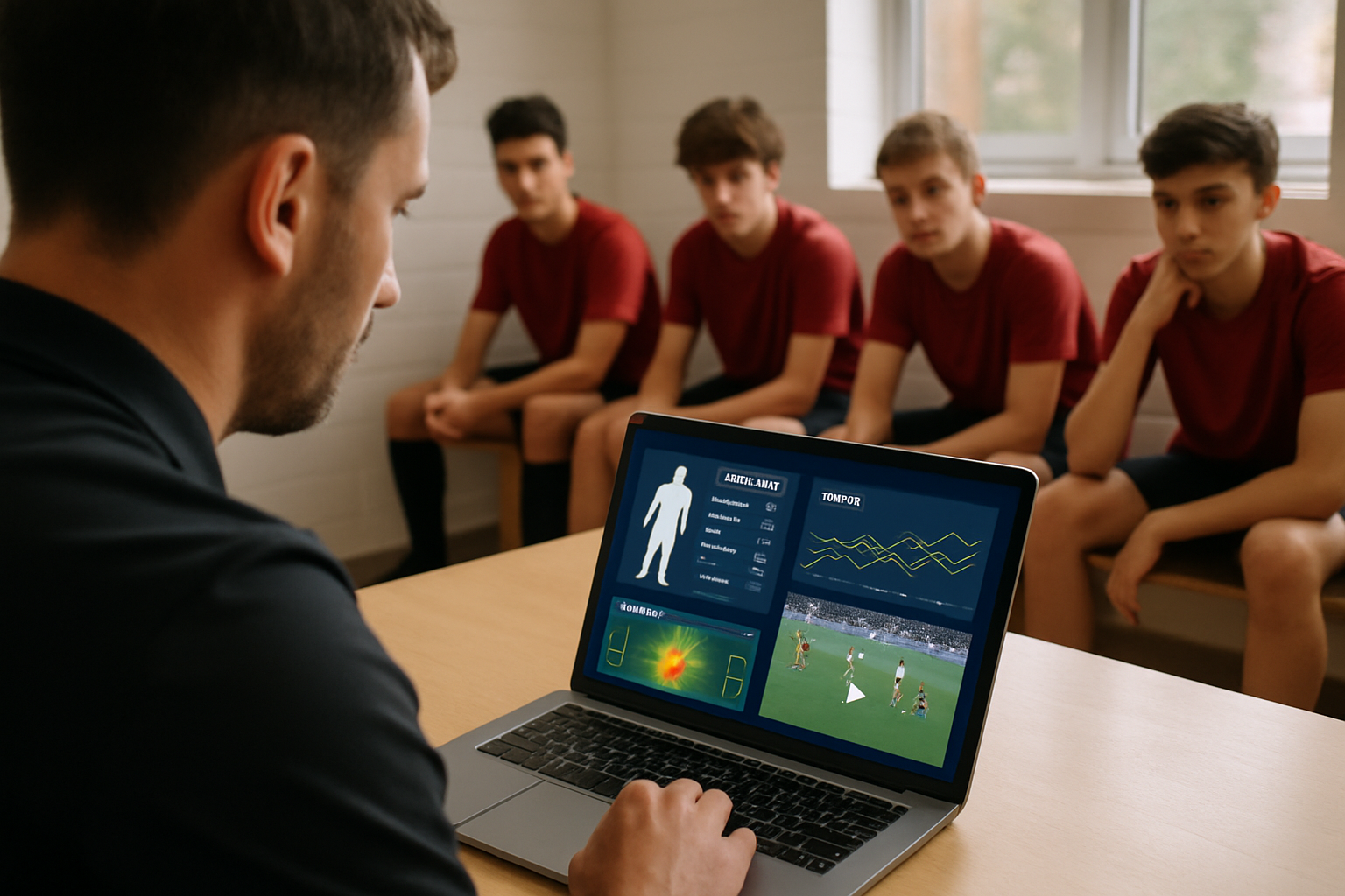 Coach analyzing digital player performance data on laptop with players in background