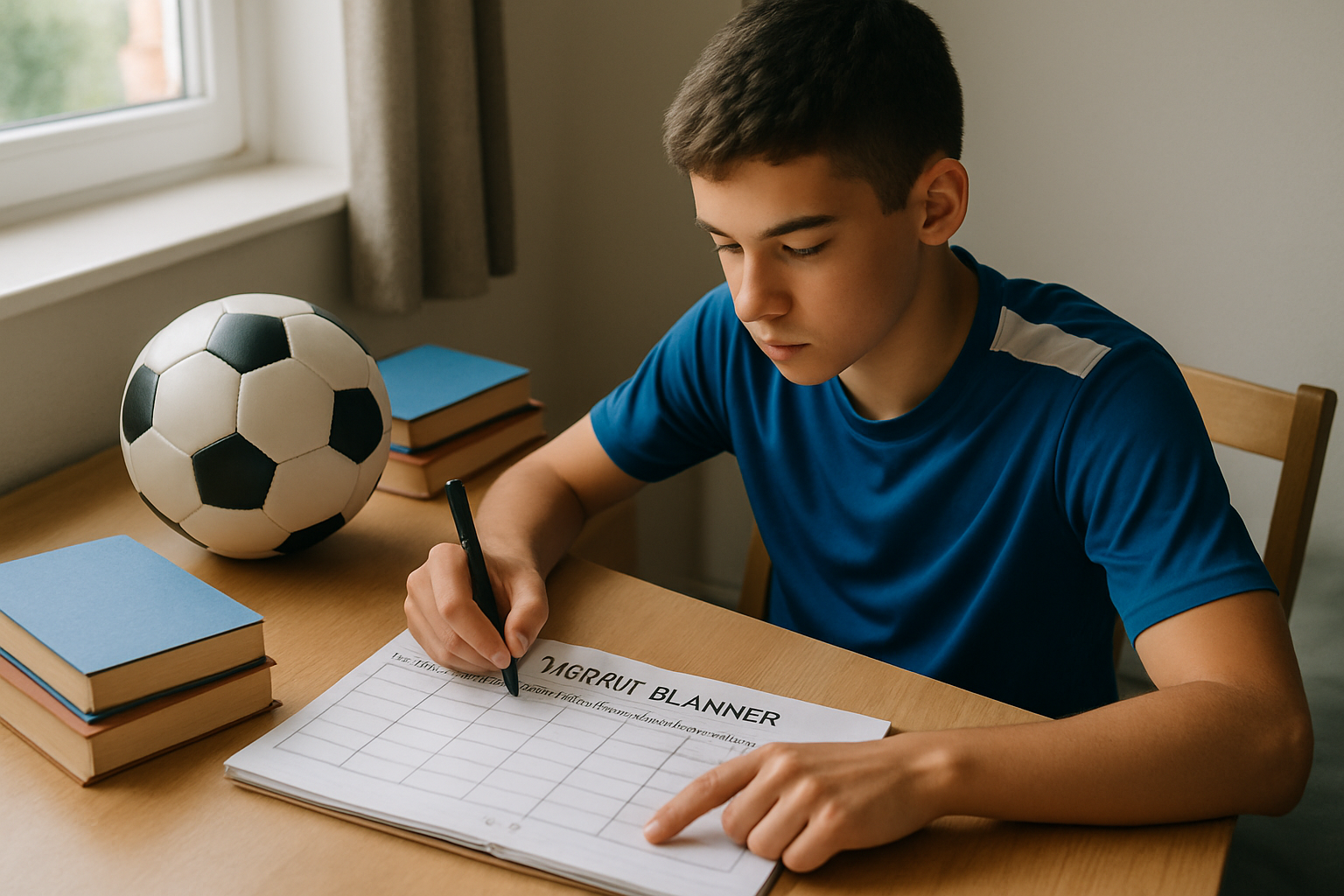 Youth football player managing homework and training schedule