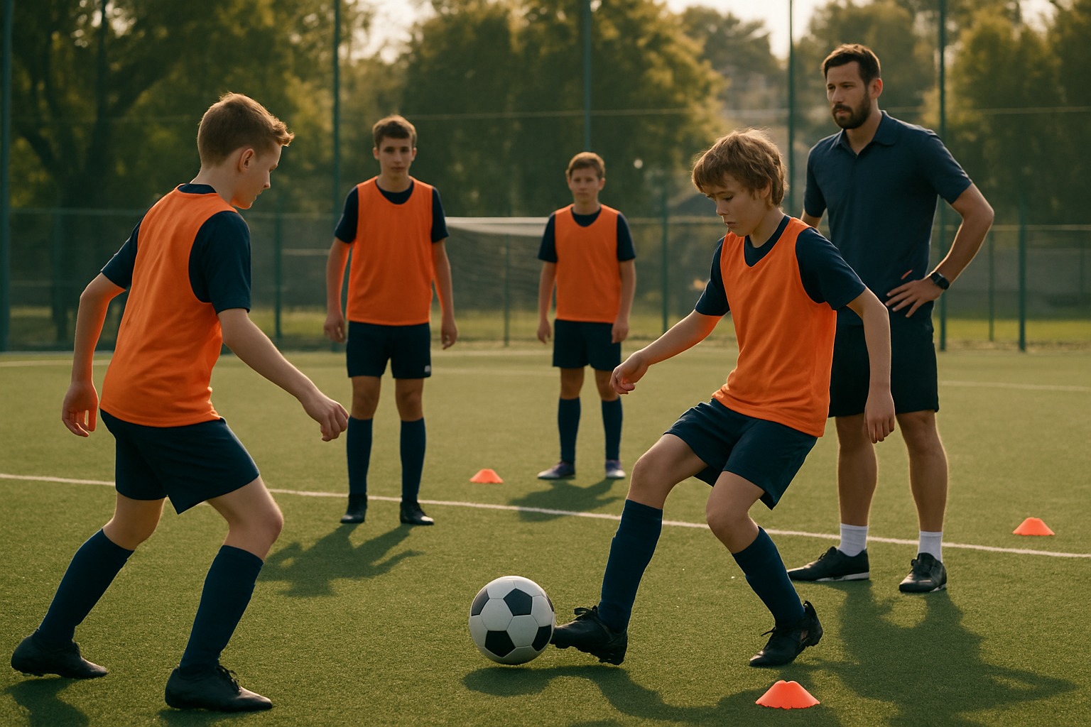 Youth football players training focused on consistent skill development