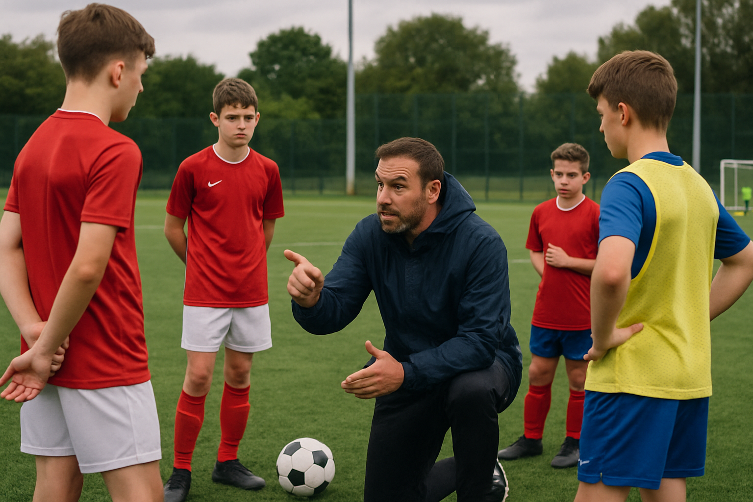 Grassroots football coach giving feedback during structured training session