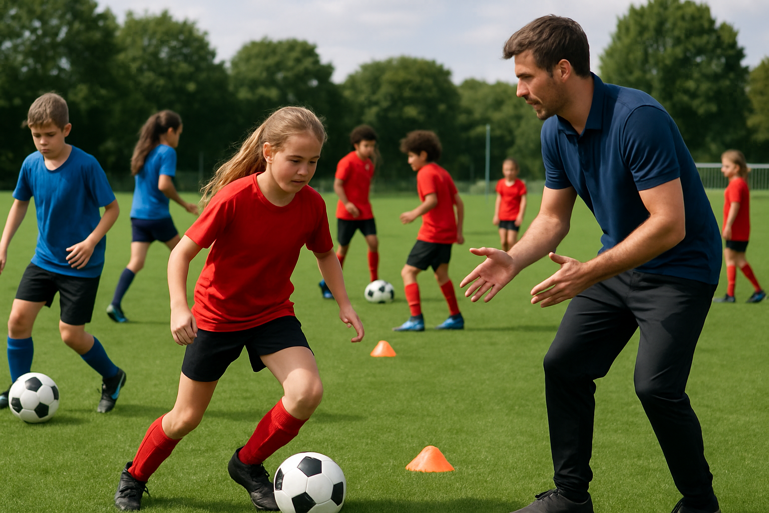 Youth football players practicing age-specific drills on a community field