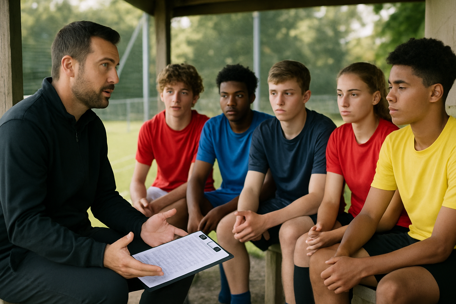 Coach reviewing player progress with youth footballers in a group discussion