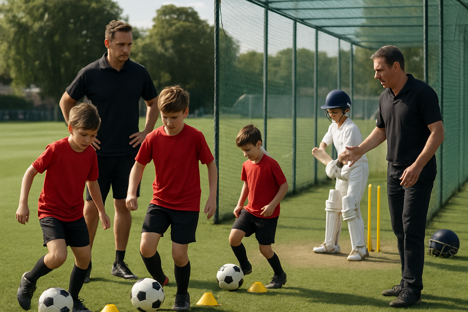 Youth football and cricket players training in age-based groups with coaches guiding skill drills in an academy setting